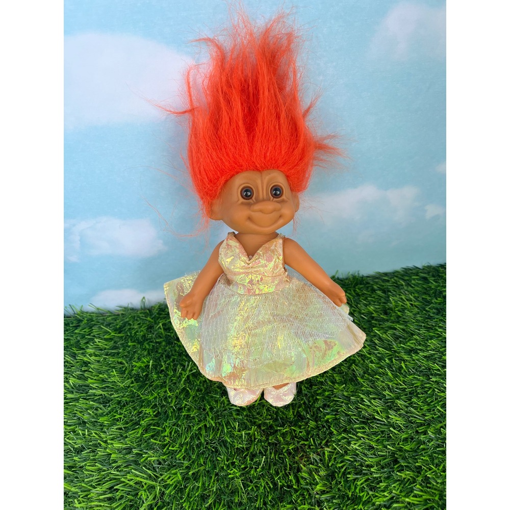 Vintage Russ Berrie Troll Doll Orange Hair Iridescent Gold Dress 5 Inch 90s